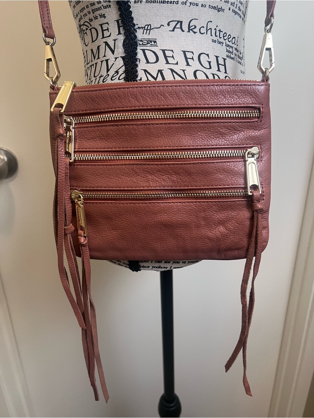 Rebecca Minkoff Pebbled Leather Crossbody Bag Mauve Rose Gold Multi Zip